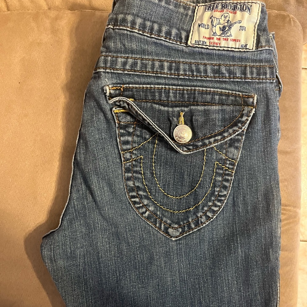 True Religion Blue Boot Cut Jeans with Signature Stitching